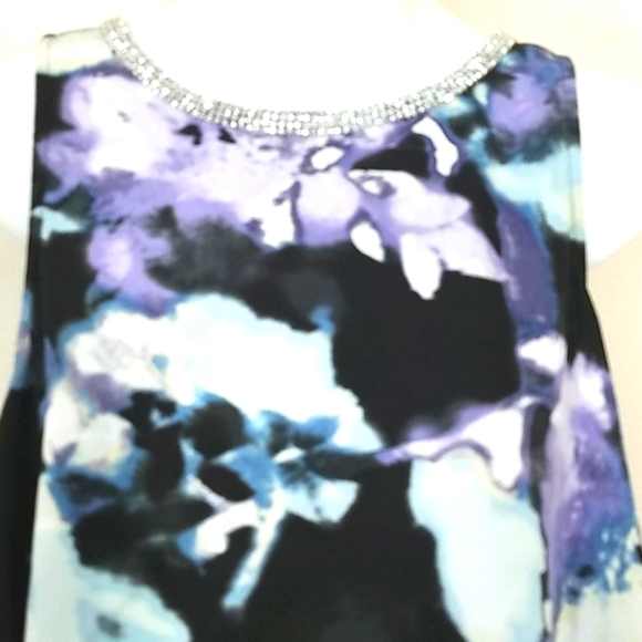 Tunic Tank top sleeveless flowy blue watercolor print beaded collar Layered - Picture 2 of 8